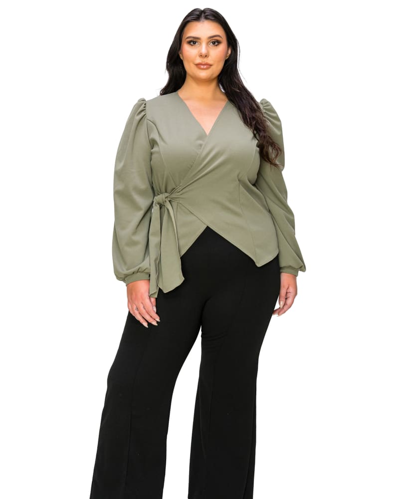 Front of a model wearing a size 3X Yelena Crepe Wrap Top in Dk Sage by L I V D. | dia_product_style_image_id:320854